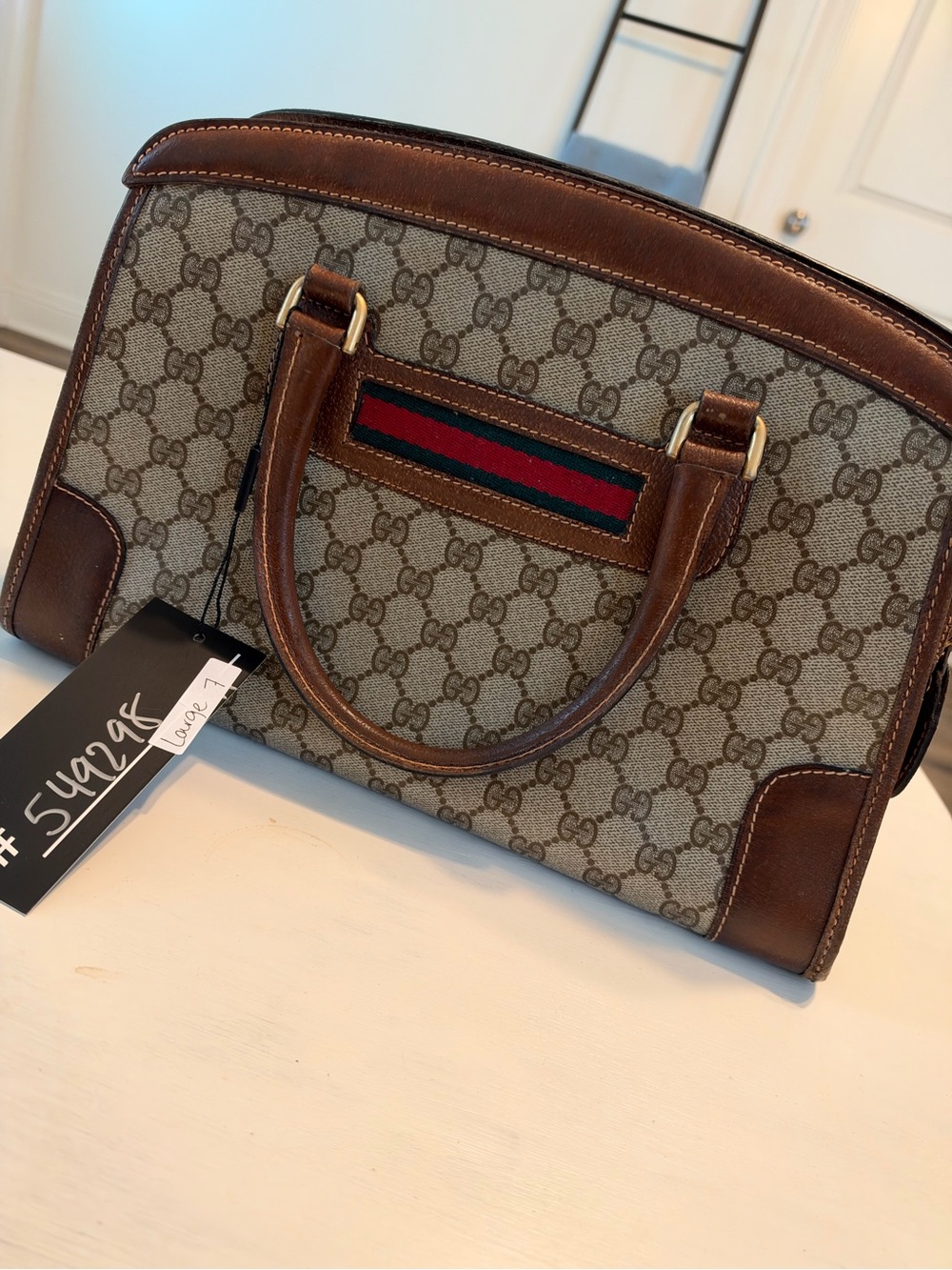 80s Gucci Brown GG Supreme Canvas Top-Handle Bag with Red-Green Web Stripe